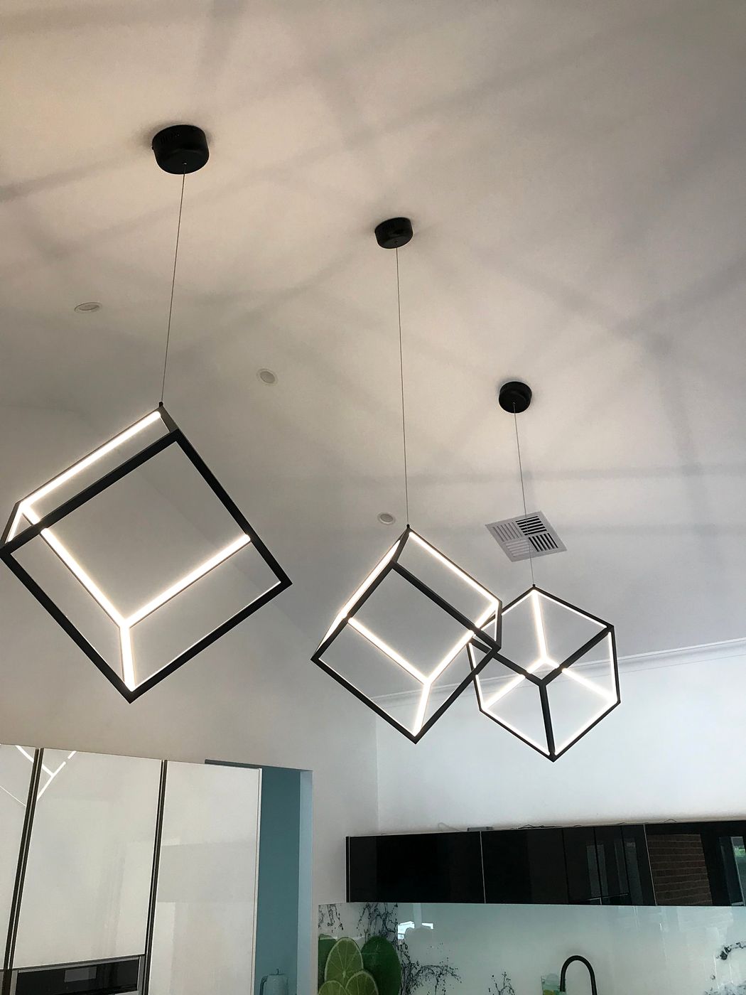 Feature cube pendant lights installed in a Perth kitchen